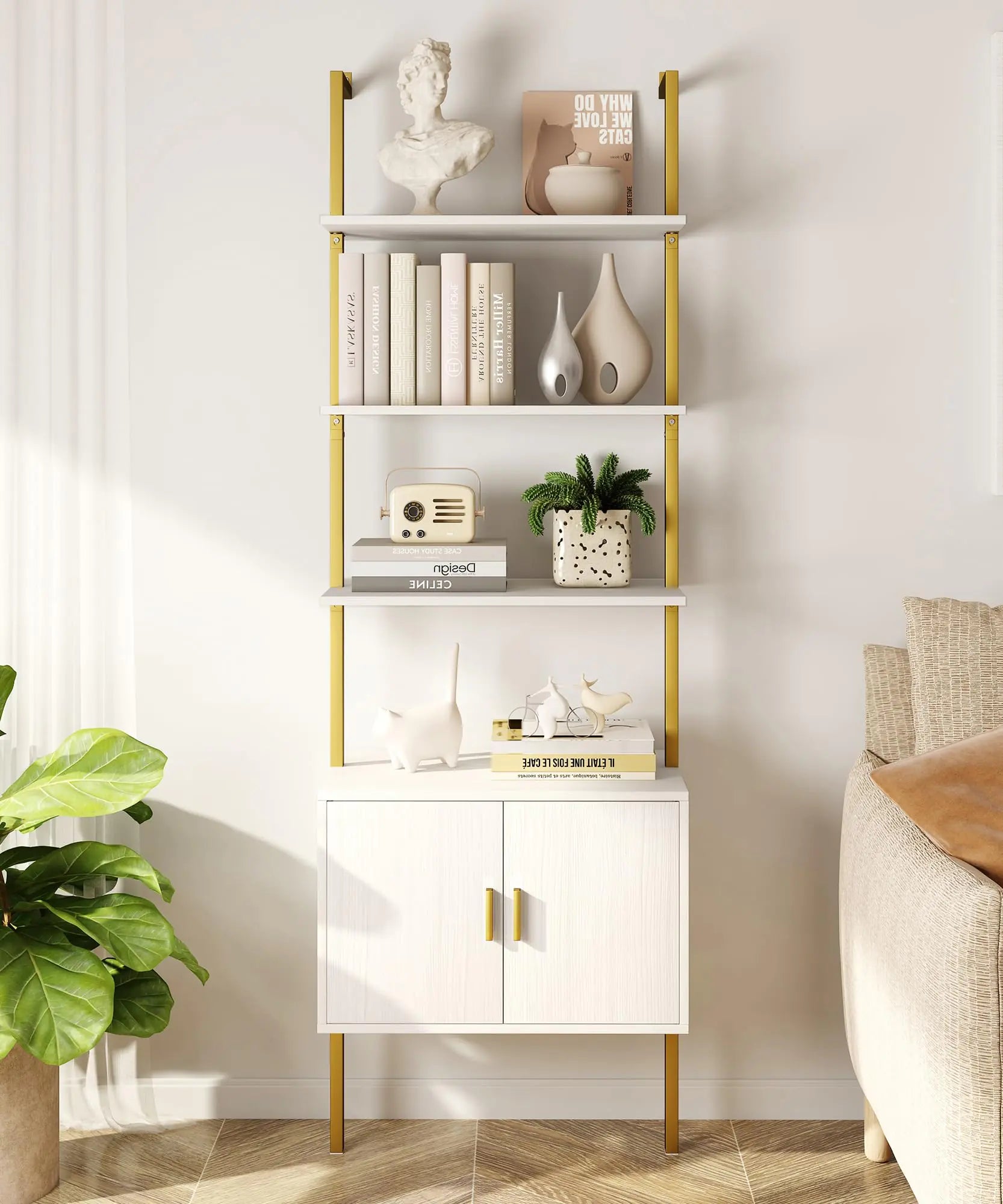 73" High White-Gold Industrial Bookcase with Cabinet NovaNest Co.