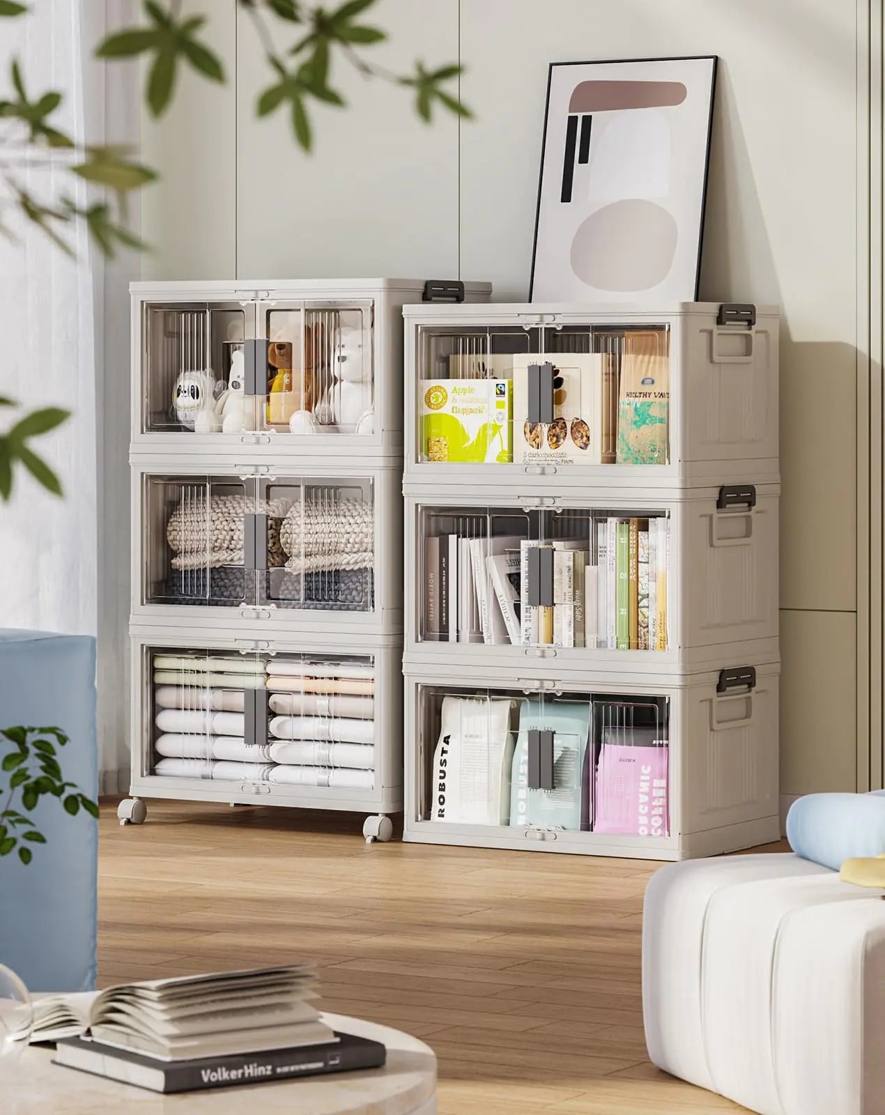 Stackable Storage Bins with Lids - Folding Storage Box with Doors and Wheels Collapsible Plastic Storage Bins for Closets Storage Containers for Home 6 Pack Cubes (Warm Gray) Nest & Nova