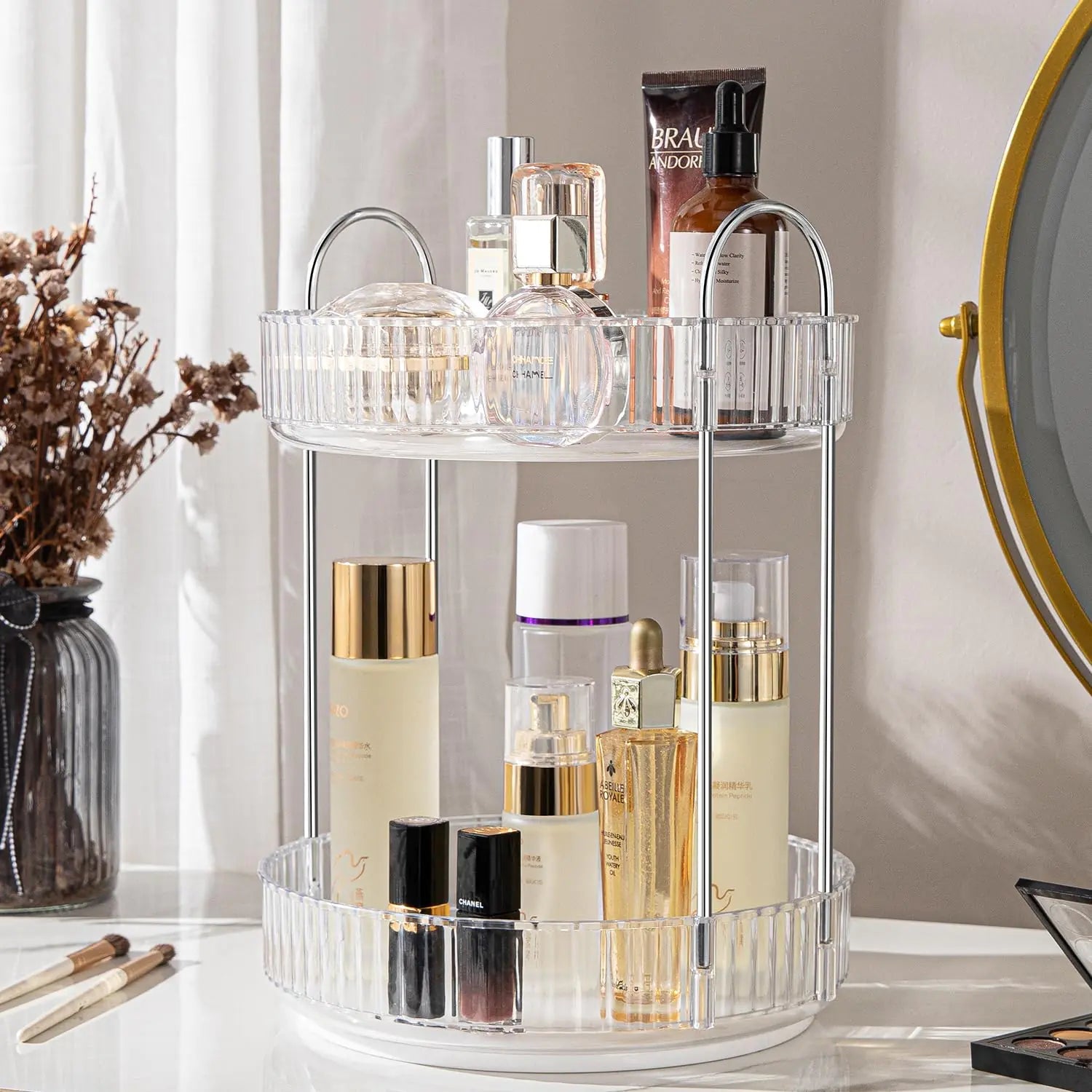 360° Spin Rack Transparent Makeup Holder - Silver Nest & Nova