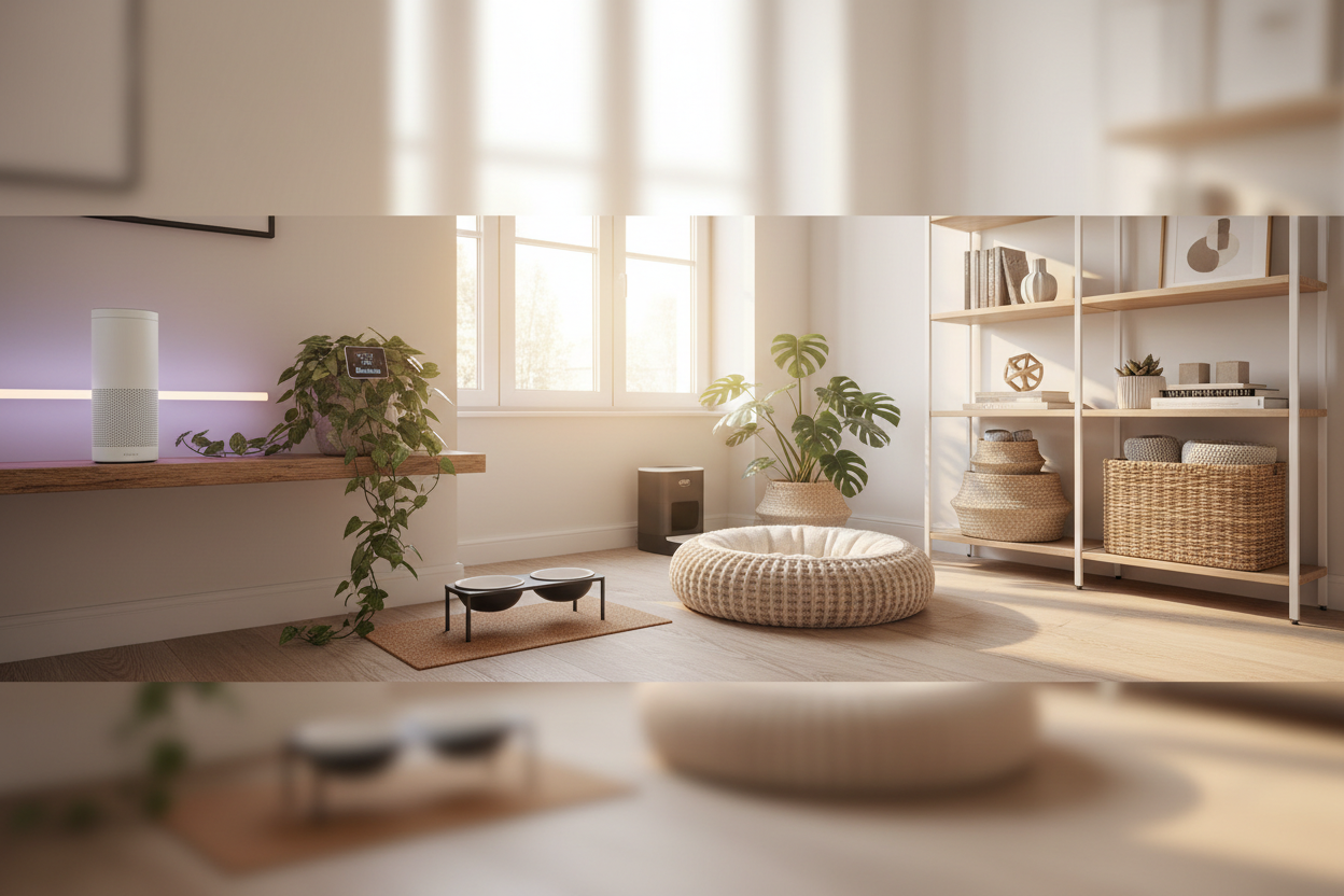 a dynamic web cover image that indicates curated smart home essentials to thoughtfully designed pet gear and aesthetic storage solutions, build a home that balances style, function, and everyday joy.